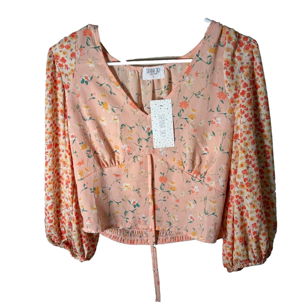 Sienna Sky Blouse Women's Large Peach Floral Cropped Lightweight Shirt Top